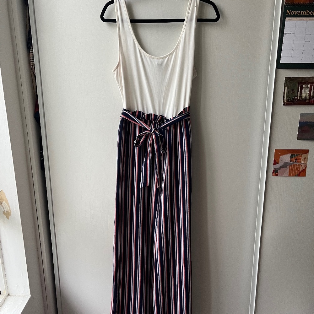 Navy & Pink Striped Jumpsuit, As U Wish, size L